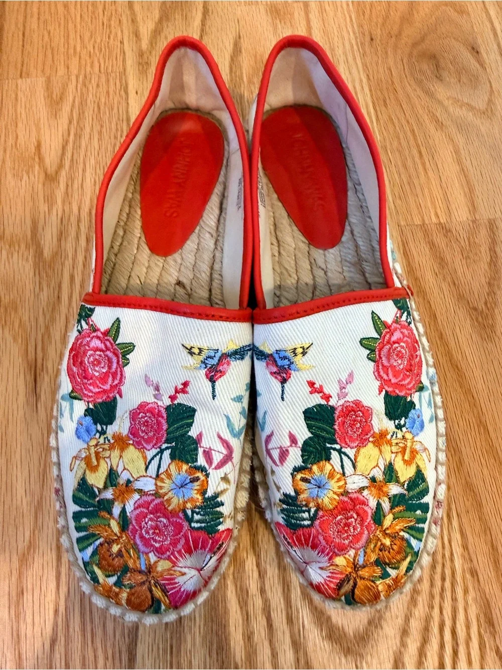Johnny Was Andra Floral Embroidered Espadrilles in Cream and Red Trim